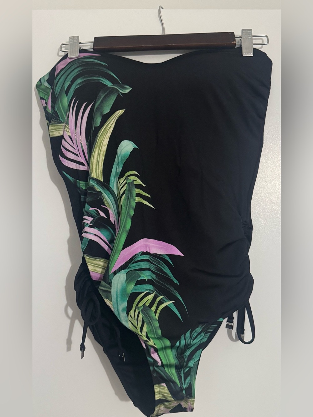 Black Tropical Print Strapless One-Piece Swimsuit - Size 14DD-NWOT